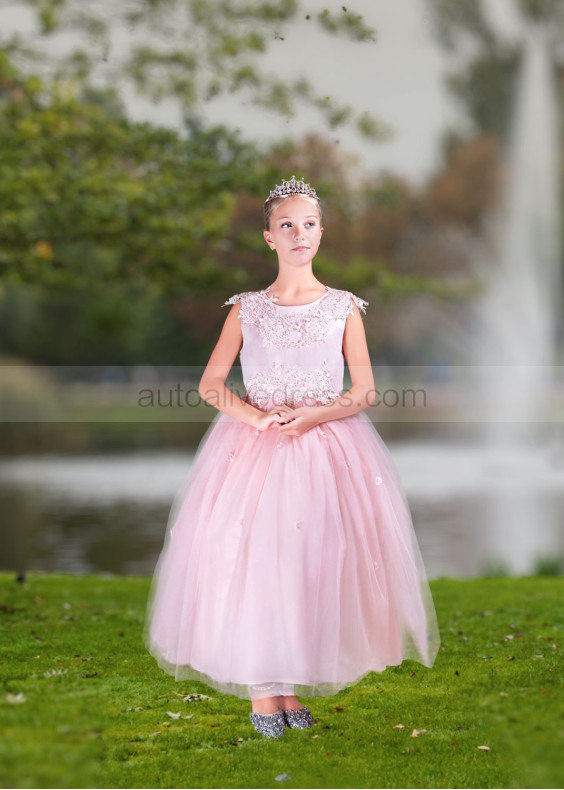 Pink Lace Tulle V Back Ankle Length Flower Girl Dress
